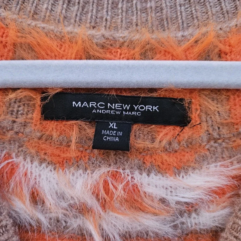 Andrew Marc Sweater XL Tan Orange‎ Fair Isle Eyelash Fringe Fuzzy Artsy Retro